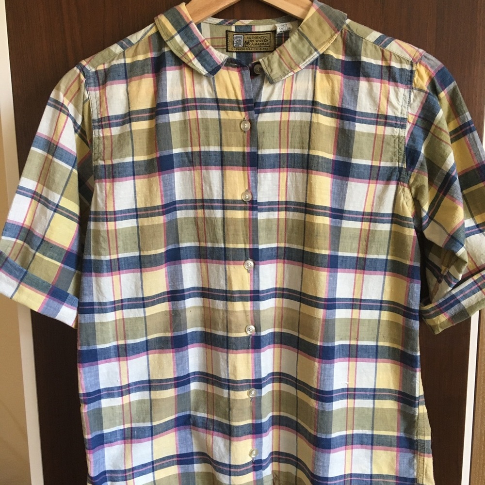 Madras plaid vintage 1950s button down top cotton